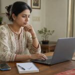 Woman checking a suspicious online request on her laptop before responding
