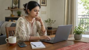 Woman checking a suspicious online request on her laptop before responding