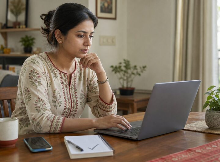 Woman checking a suspicious online request on her laptop before responding