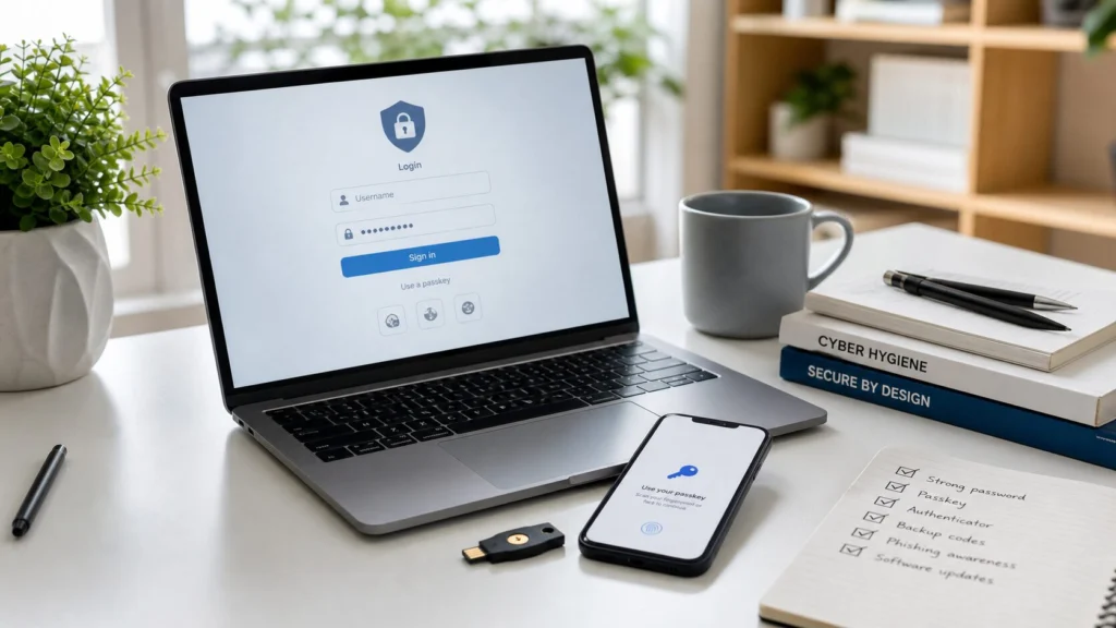 Phishing-Resistant Account Security: Passkeys, MFA, and Recovery Codes 1 Laptop, smartphone, and hardware security key showing passkey-based account security on a clean desk.