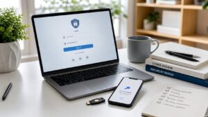Laptop, smartphone, and hardware security key showing passkey-based account security on a clean desk.