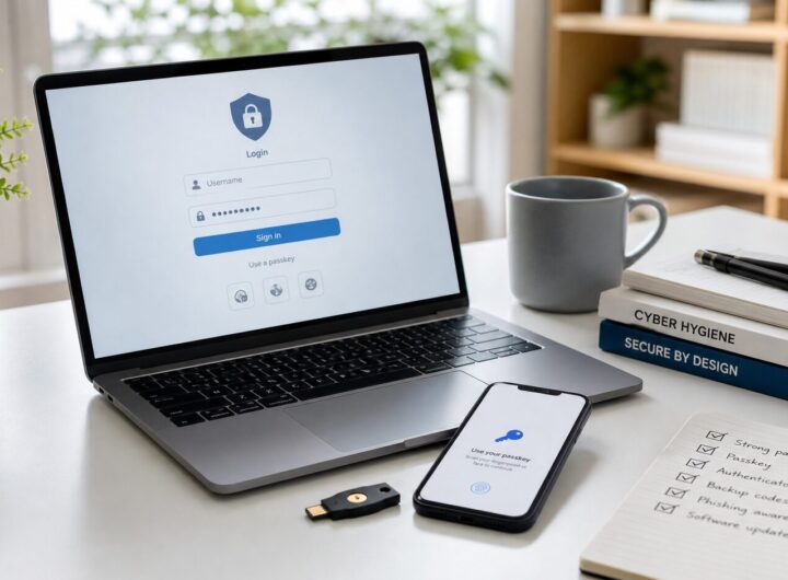 Laptop, smartphone, and hardware security key showing passkey-based account security on a clean desk.