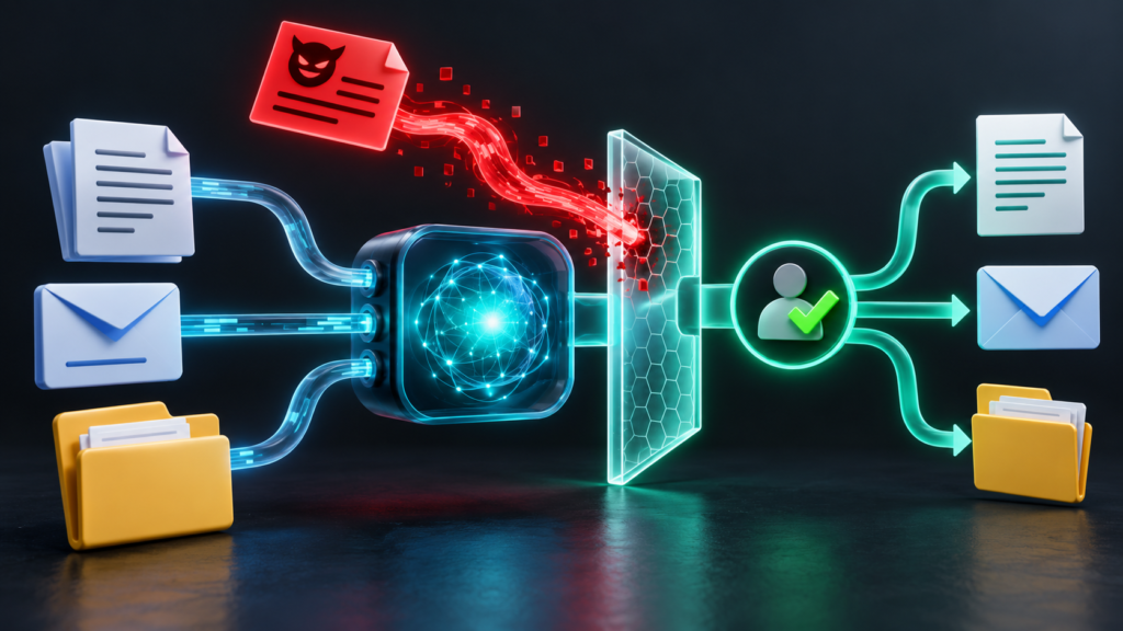 AI processing node connected to documents, email and folders, with a malicious instruction blocked by a permission boundary and human approval.