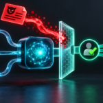 AI processing node connected to documents, email and folders, with a malicious instruction blocked by a permission boundary and human approval.