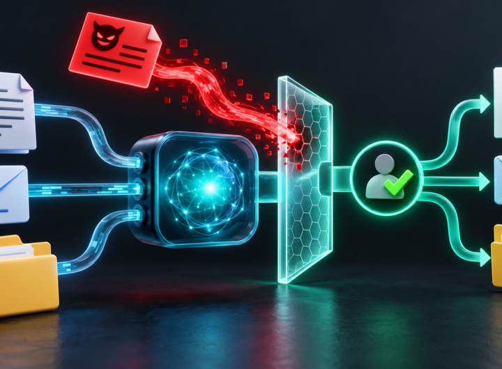 AI processing node connected to documents, email and folders, with a malicious instruction blocked by a permission boundary and human approval.