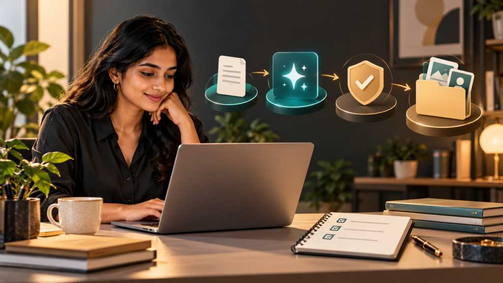 AI Literacy for Indian Professionals: Build a Useful Workflow in 30 Days 1 Professional working at a laptop beside a checklist and a learning workflow from source document to AI assistance, verification and portfolio.