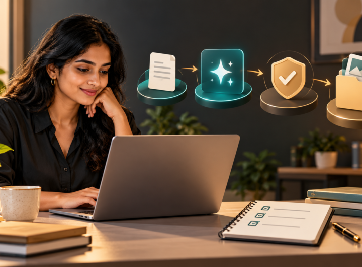 Professional working at a laptop beside a checklist and a learning workflow from source document to AI assistance, verification and portfolio.