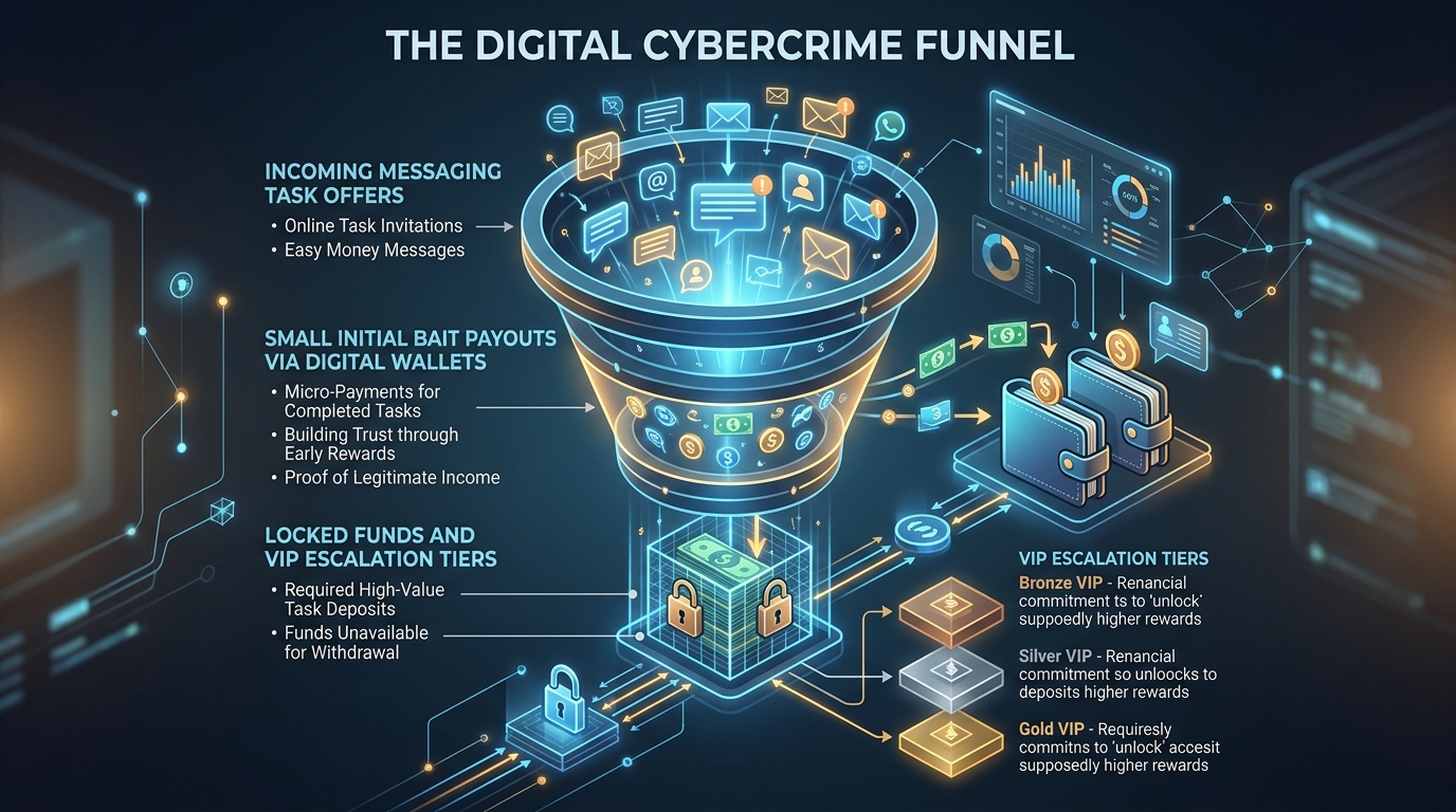 WhatsApp Job Scam Patterns in India: 100 Real-World Examples Analyzed 2 Infographic diagram of the digital cybercrime task scam funnel showing task offers, initial bait payouts, and VIP escalation tiers