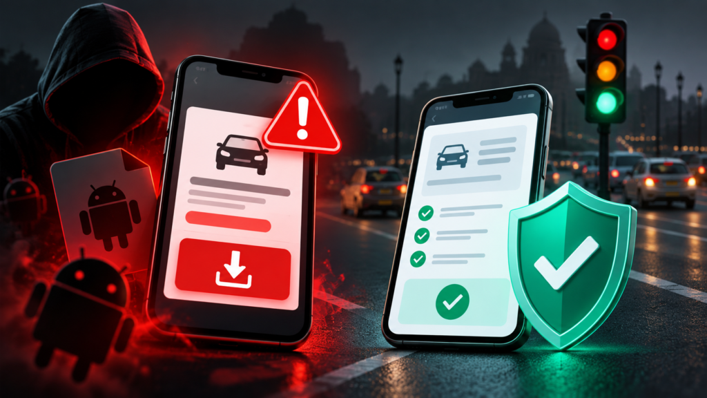 Fake e-Challan APK Scams in India: How to Verify a Fine and Protect Your Phone 1 Illustration contrasting a suspicious traffic-fine app download with an independently verified record and security shield.