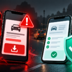 Illustration contrasting a suspicious traffic-fine app download with an independently verified record and security shield.