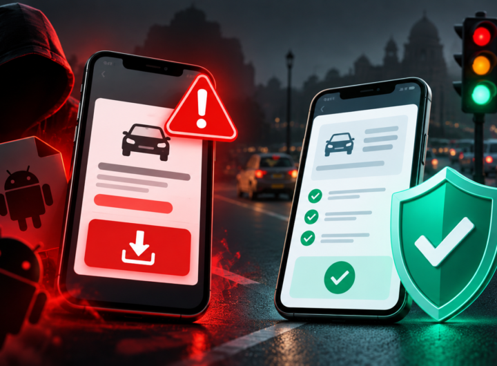 Illustration contrasting a suspicious traffic-fine app download with an independently verified record and security shield.
