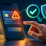 Hand paused before approving a smartphone payment, with a warning triangle, verification symbol and security shield.