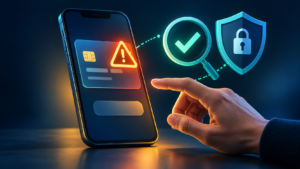 Hand paused before approving a smartphone payment, with a warning triangle, verification symbol and security shield.