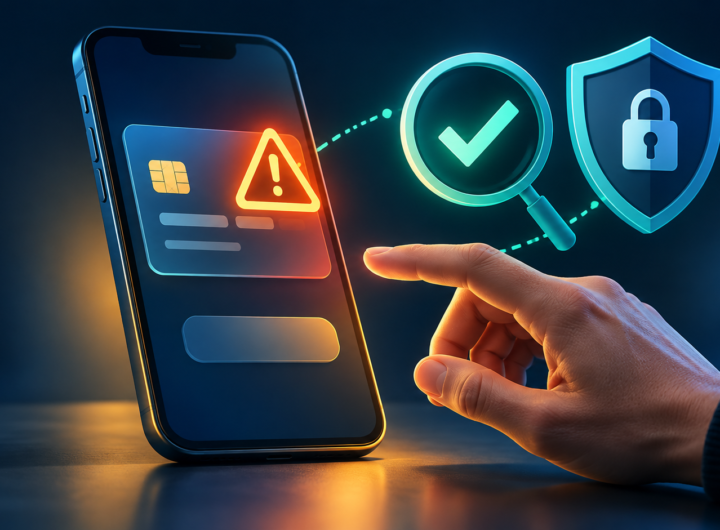 Hand paused before approving a smartphone payment, with a warning triangle, verification symbol and security shield.