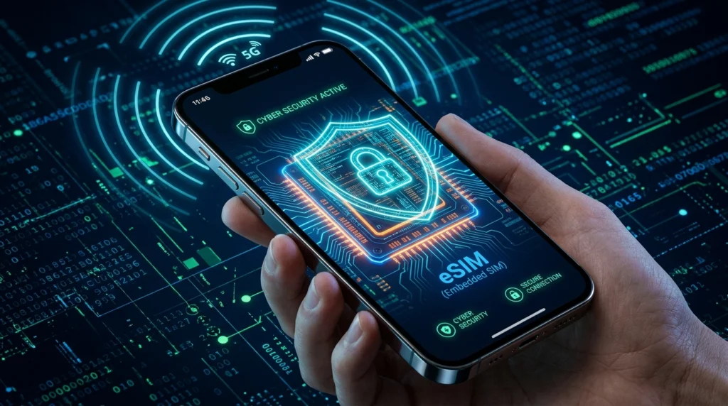 SIM Swap Fraud & eSIM Hijacking: Attack Mechanics, Warning Signs, and Emergency Defense Protocol 1 Smartphone displaying a protected eSIM microchip with cyber defense shield and mobile cellular security matrix