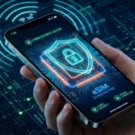 Smartphone displaying a protected eSIM microchip with cyber defense shield and mobile cellular security matrix