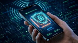 Smartphone displaying a protected eSIM microchip with cyber defense shield and mobile cellular security matrix