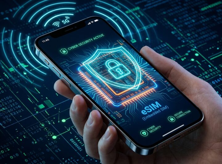 Smartphone displaying a protected eSIM microchip with cyber defense shield and mobile cellular security matrix