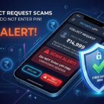 Smartphone showing UPI collect request scam alert and cyber safety shield
