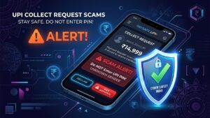 UPI Collect Request Scams: How to Stay Safe in India 5 Smartphone showing UPI collect request scam alert and cyber safety shield