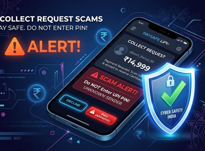 Smartphone showing UPI collect request scam alert and cyber safety shield