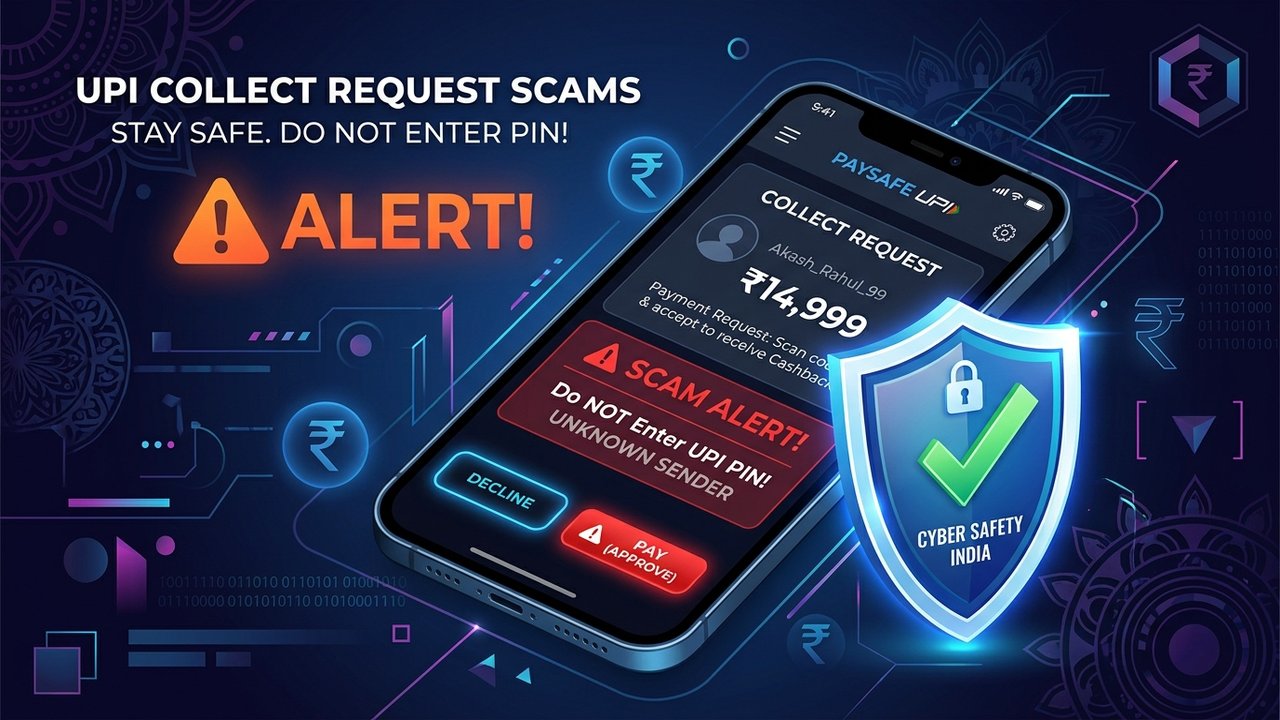 Smartphone showing UPI collect request scam alert and cyber safety shield
