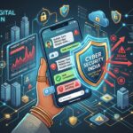 Illustration of smartphone displaying WhatsApp job scam alerts, cyber threat detection graphs, and security shield in India