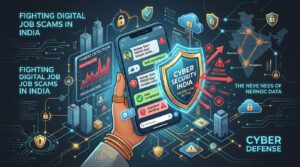 Illustration of smartphone displaying WhatsApp job scam alerts, cyber threat detection graphs, and security shield in India