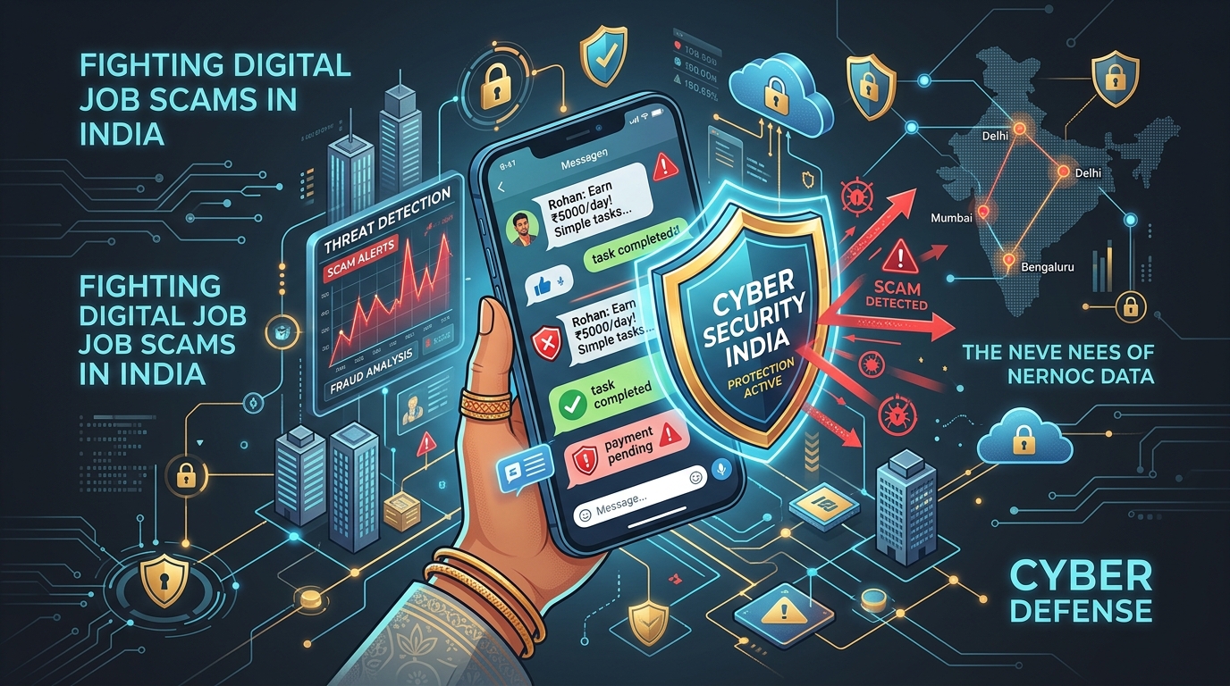 Illustration of smartphone displaying WhatsApp job scam alerts, cyber threat detection graphs, and security shield in India