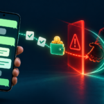 Conceptual illustration of messaging tasks leading to a payment trap, with a warning barrier and protective shield.