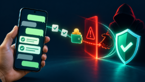 Conceptual illustration of messaging tasks leading to a payment trap, with a warning barrier and protective shield.