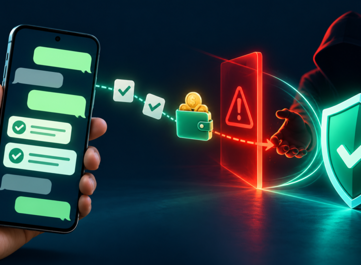 Conceptual illustration of messaging tasks leading to a payment trap, with a warning barrier and protective shield.