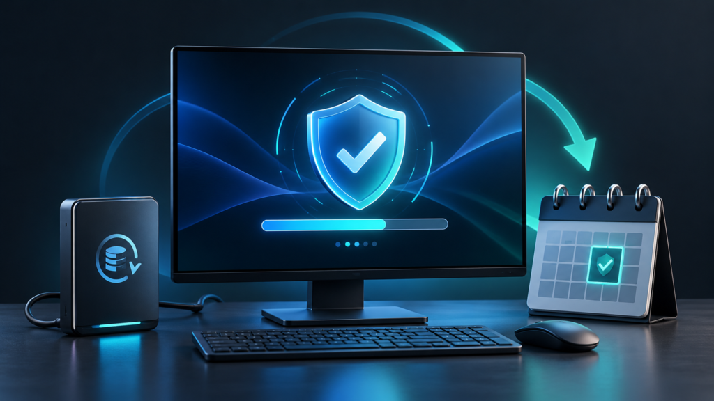 Windows 10 ESU: Security Updates, Eligibility and Migration 1 Desktop computer with a security shield, update progress bar, backup drive and calendar representing extended security updates.