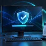 Desktop computer with a security shield, update progress bar, backup drive and calendar representing extended security updates.