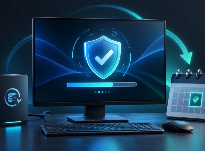 Desktop computer with a security shield, update progress bar, backup drive and calendar representing extended security updates.