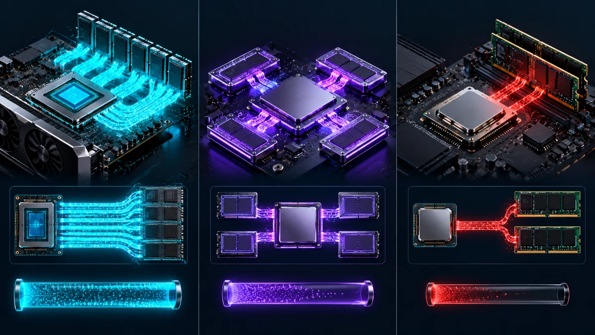 Technical architecture diagram comparing discrete GPU VRAM high-bandwidth data bus against Apple Silicon Unified Memory and system DDR5 RAM bottleneck