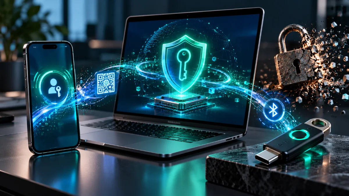 Passkeys vs Passwords in 2026: Hands-On Security, Recovery Flaws, and Implementation Guide 2 Cross-device passkey authentication between a laptop and smartphone via Bluetooth Low Energy and QR cryptographic tunnel