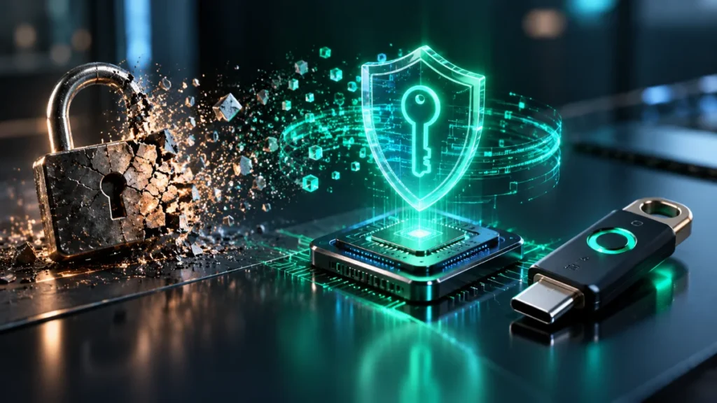 Passkeys vs Passwords in 2026: Hands-On Security, Recovery Flaws, and Implementation Guide 1 Hardware secure enclave silicon chip and physical FIDO2 USB-C key projecting cryptographic public-key shield