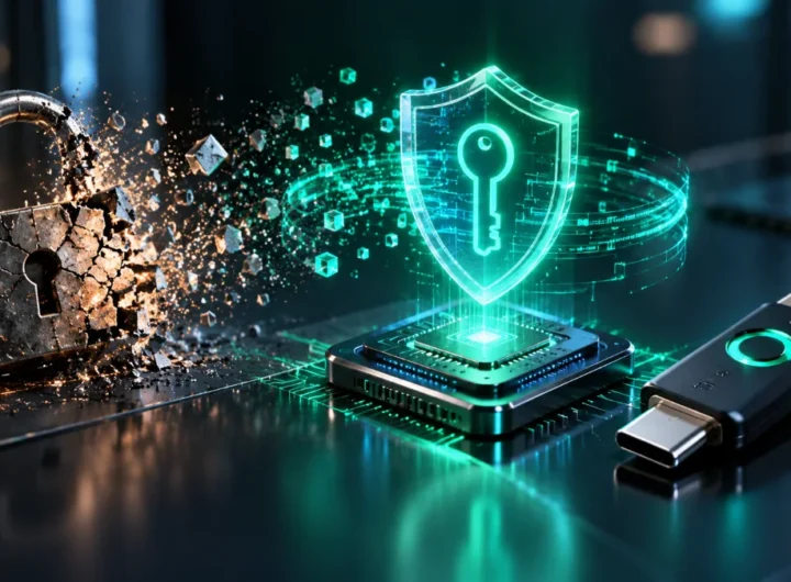 Hardware secure enclave silicon chip and physical FIDO2 USB-C key projecting cryptographic public-key shield