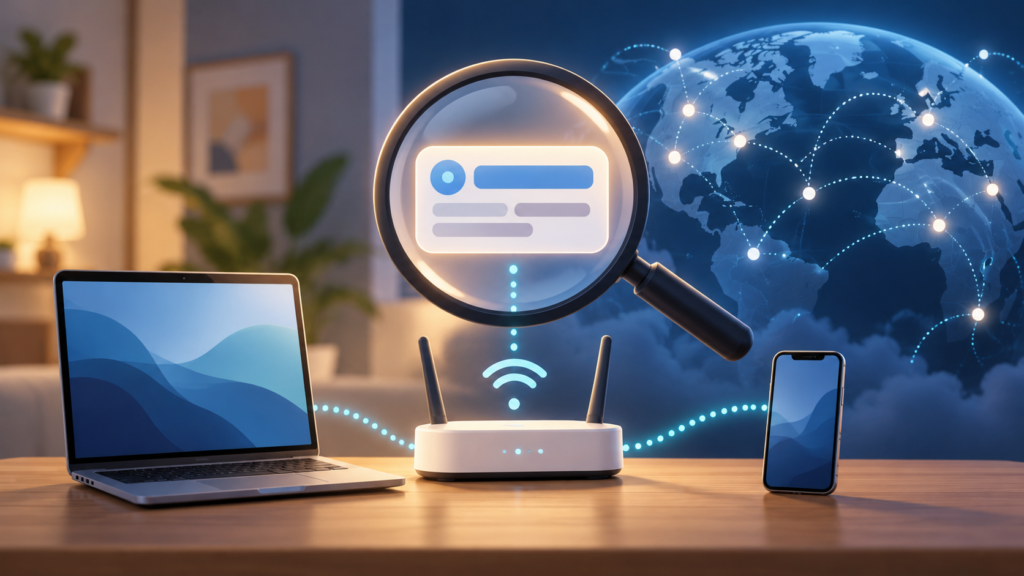How to Find Your IP Address—and Understand What It Reveals 1 How to find your IP address concept: a magnifying glass over an address card above a router, laptop and phone