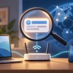 How to find your IP address concept: a magnifying glass over an address card above a router, laptop and phone