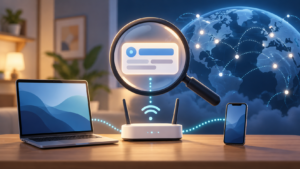 How to find your IP address concept: a magnifying glass over an address card above a router, laptop and phone