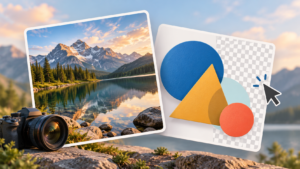 JPG vs PNG concept showing a landscape photo beside crisp geometric graphics on a transparency checkerboard