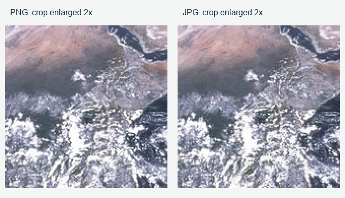 JPG vs PNG: Which Format Should You Use for Photos, Screenshots, and Graphics? 2 Matching PNG and JPEG photograph crops enlarged two times