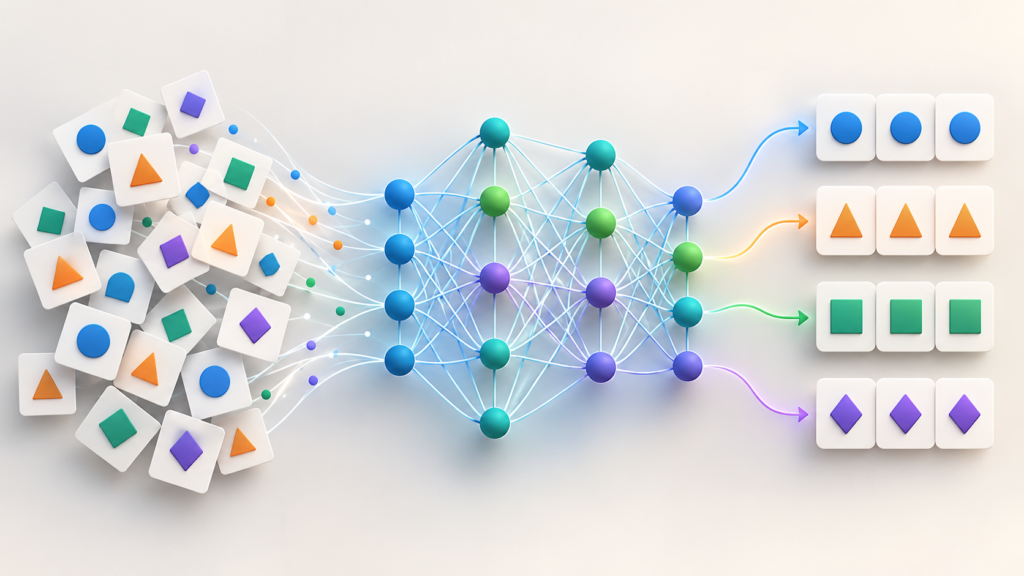 What Is Machine Learning? How It Works, Everyday Examples, and Its Limits 1 What is machine learning illustration: varied geometric examples pass through connected nodes and emerge as sorted groups