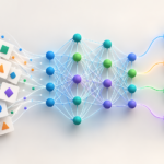 What is machine learning illustration: varied geometric examples pass through connected nodes and emerge as sorted groups