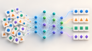 What is machine learning illustration: varied geometric examples pass through connected nodes and emerge as sorted groups